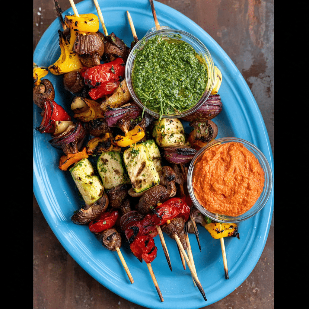 Grilled Veggie Skewers with Herb Sauce