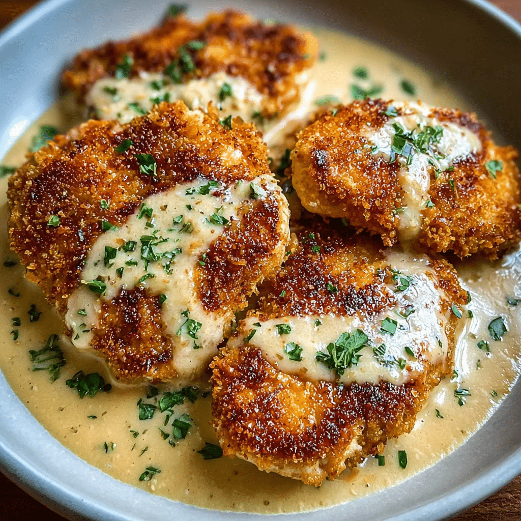 Crispy Parmesan Chicken with a Rich Garlic Sauce