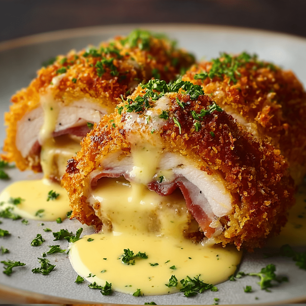 Golden Crispy Chicken Cordon Bleu with Rich Cream Sauce